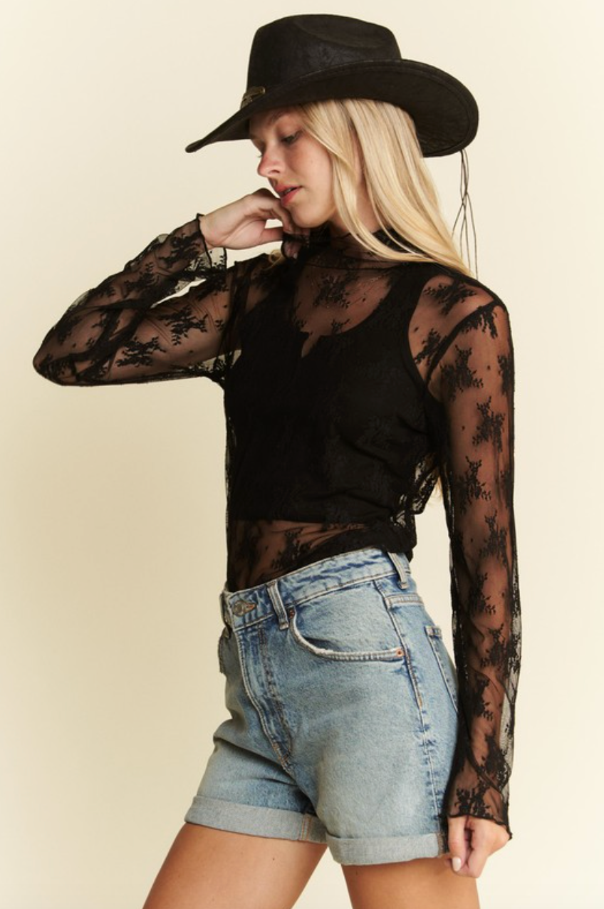 JBJ Lace Mock Neck top-Black