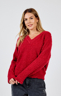 S&S Boucle Vneck Sweater-Red