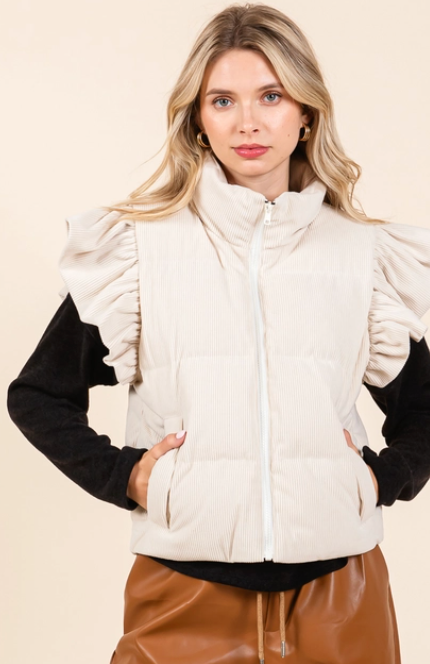 GG Corduroy Vest w/Ruffle Sleeve-Cream