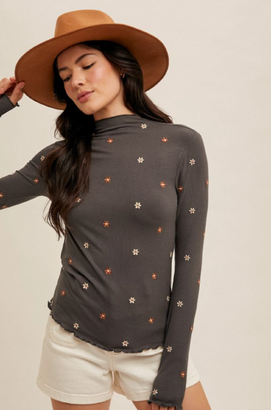 H&T Embroidered Floral Top-Charcoal