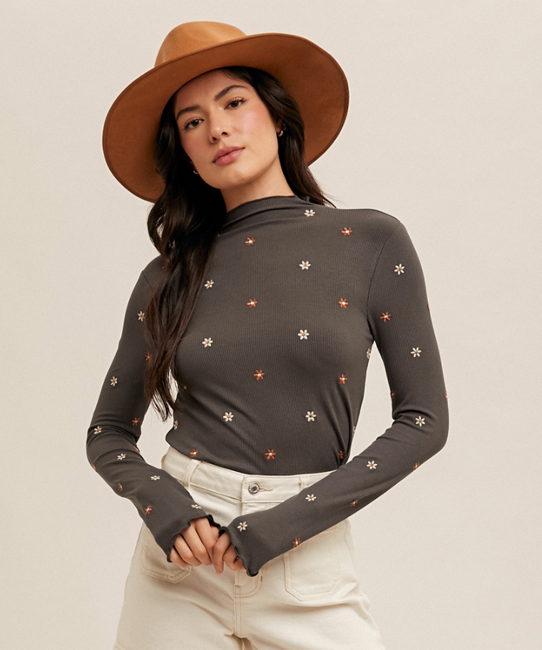 H&T Embroidered Floral Top-Charcoal