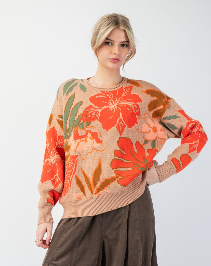 ESL Floral Printed Sweater-Camel