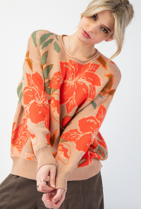 ESL Floral Printed Sweater-Camel