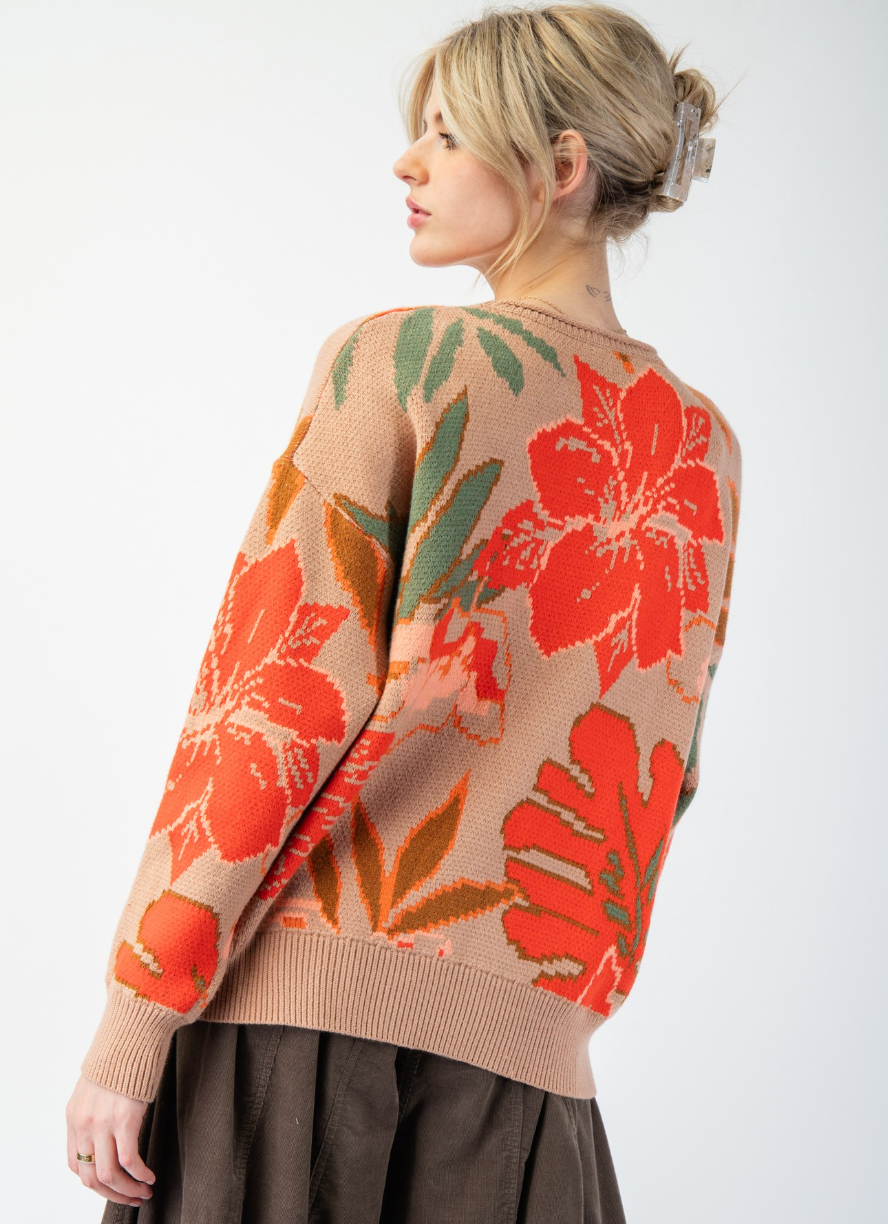 ESL Floral Printed Sweater-Camel