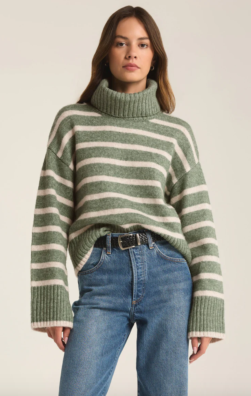 Zsup Stripe Turtleneck Sweater-Green