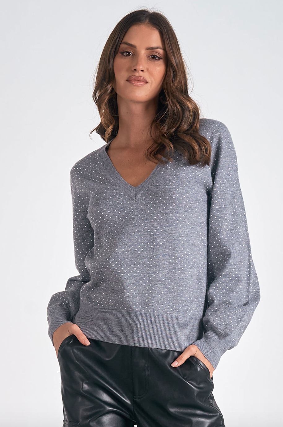 ELN Vneck Rinestone Sweater