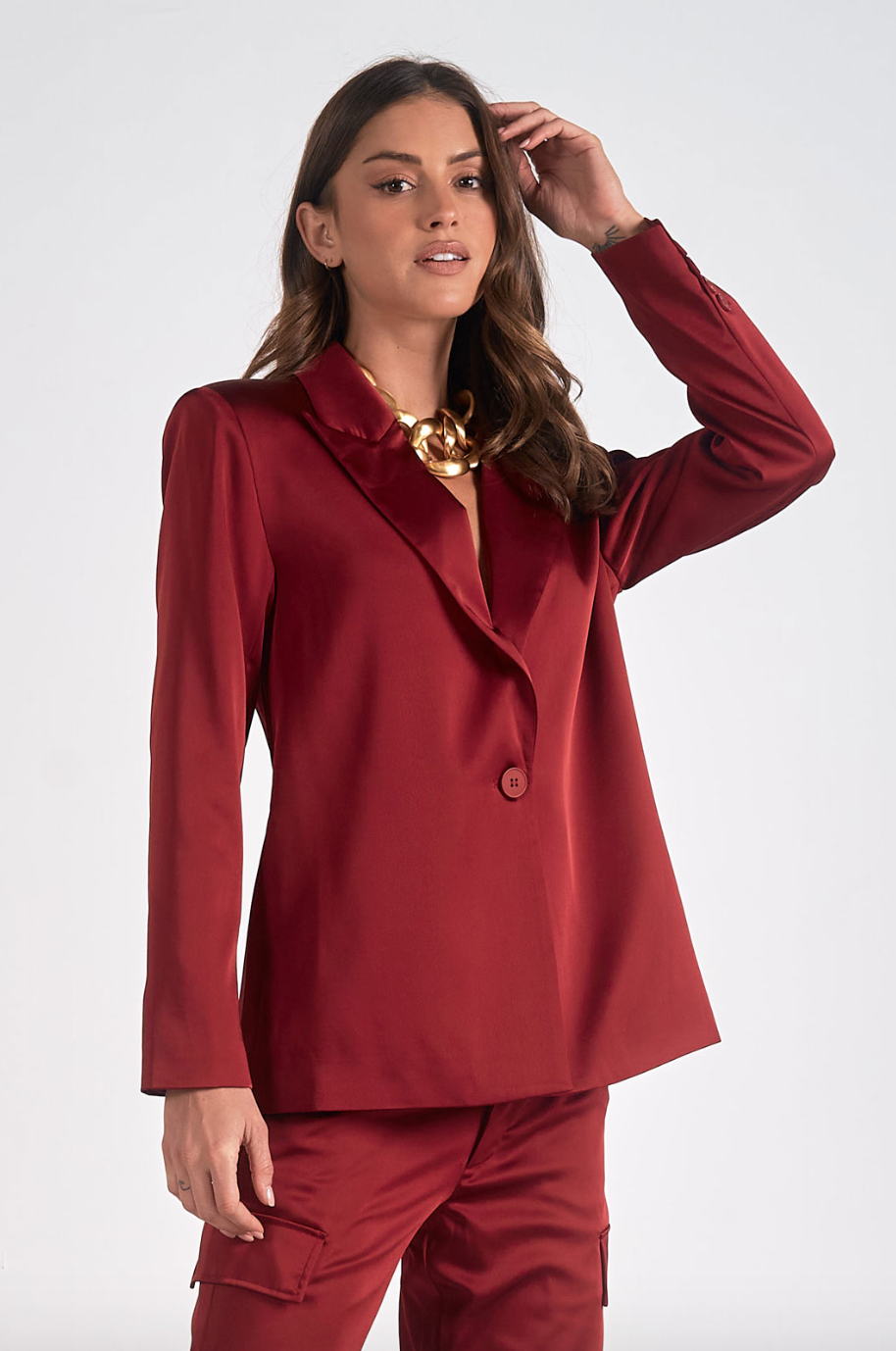 ELN Satin Blazer-Wine