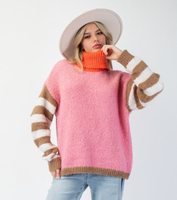 ESL Color Mix Sweater-Rose/Camel