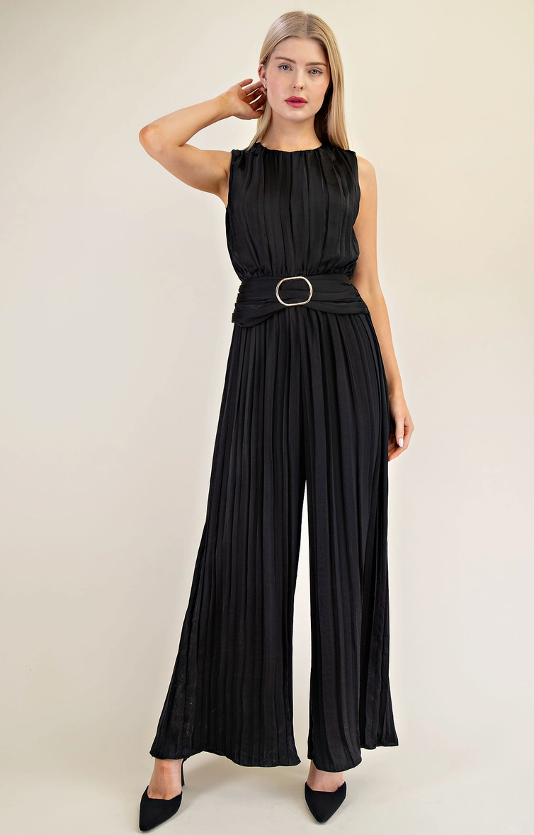 Satin Pleated Jumpsuit-Black