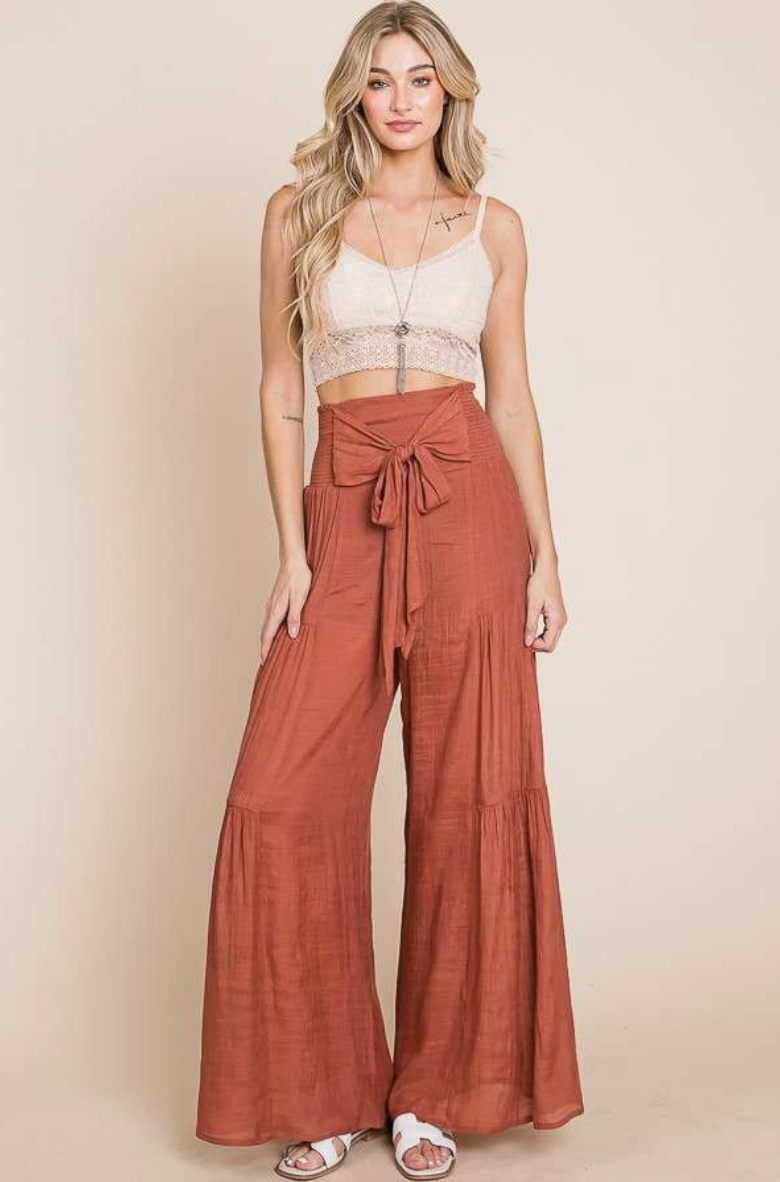 Tie Waist Flowy Pant-Rust