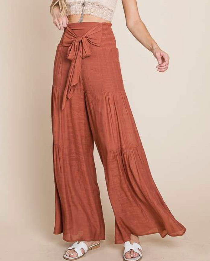 Tie Waist Flowy Pant-Rust