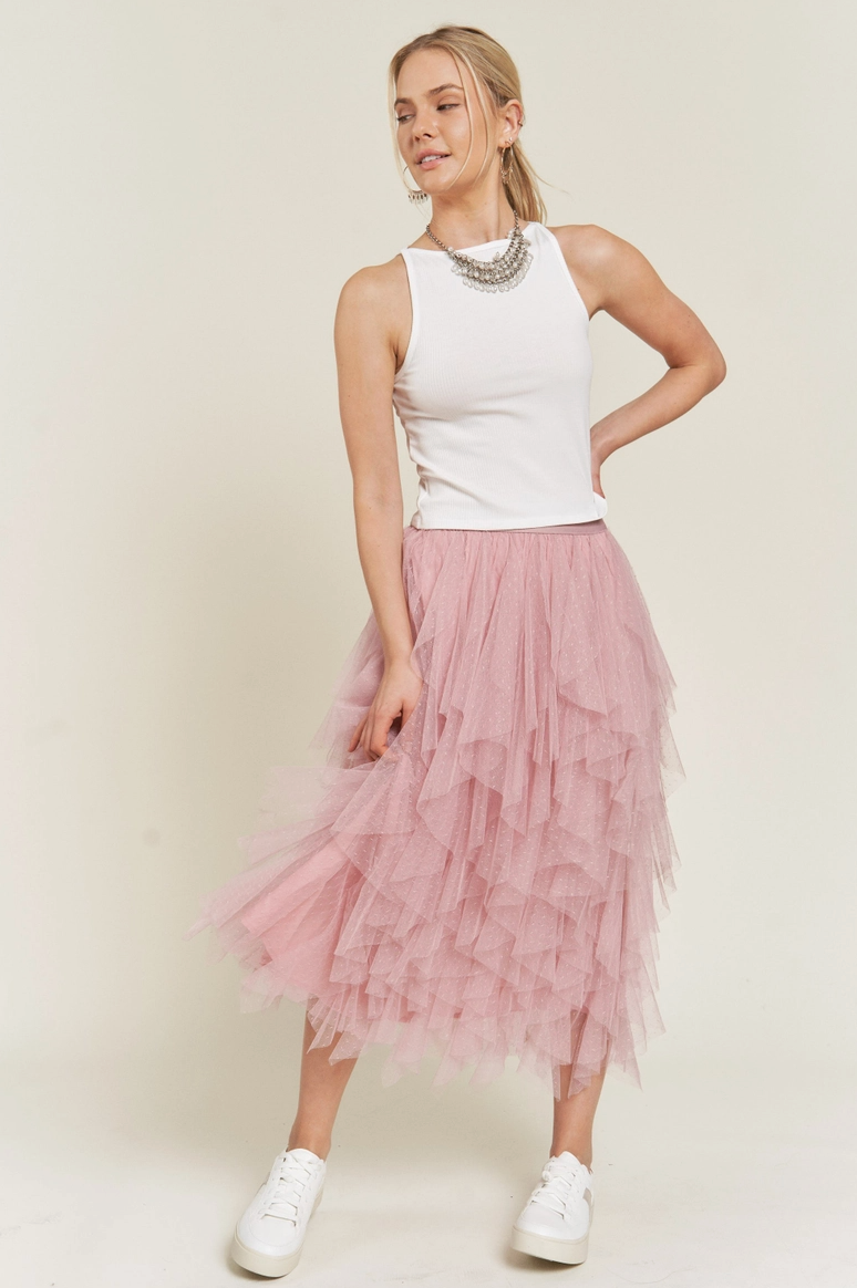 Tiered Mesh Skirt-Rose