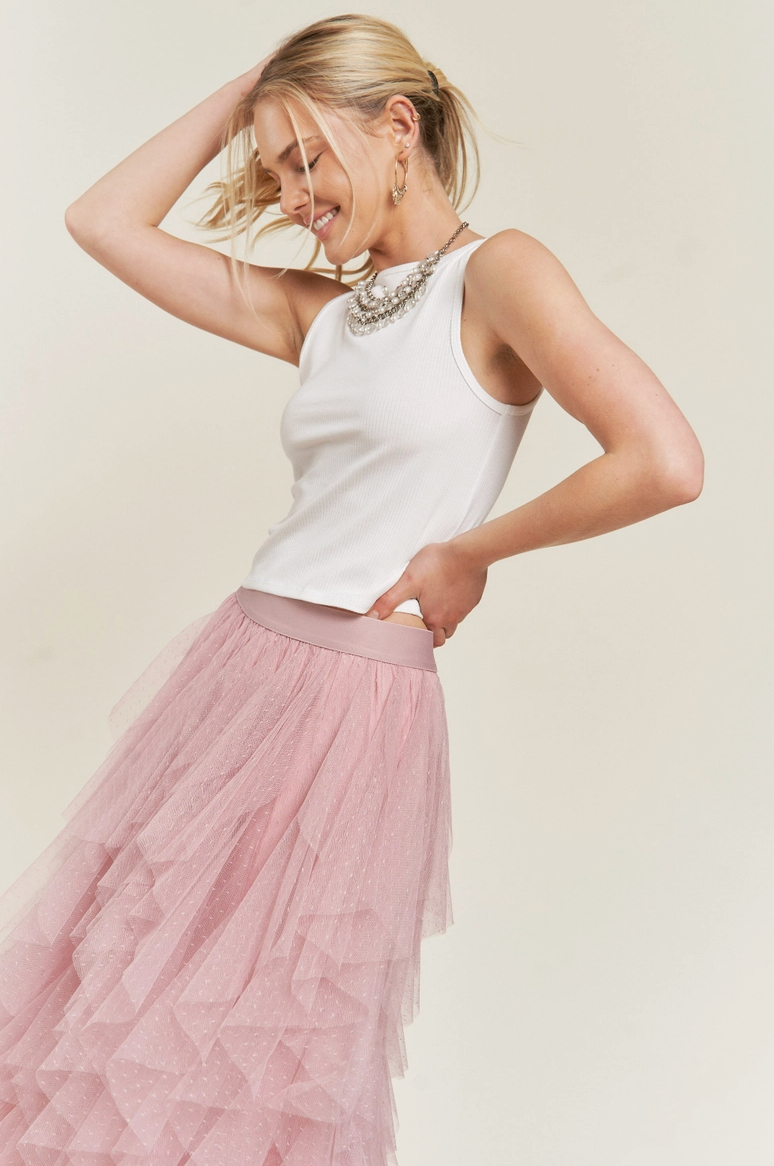 Tiered Mesh Skirt-Rose