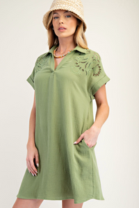 Embroidered Shirt Dress-Green