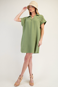 Embroidered Shirt Dress-Green