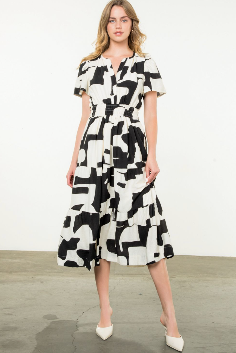 Tiered Abstract Printed Dress-Black/White