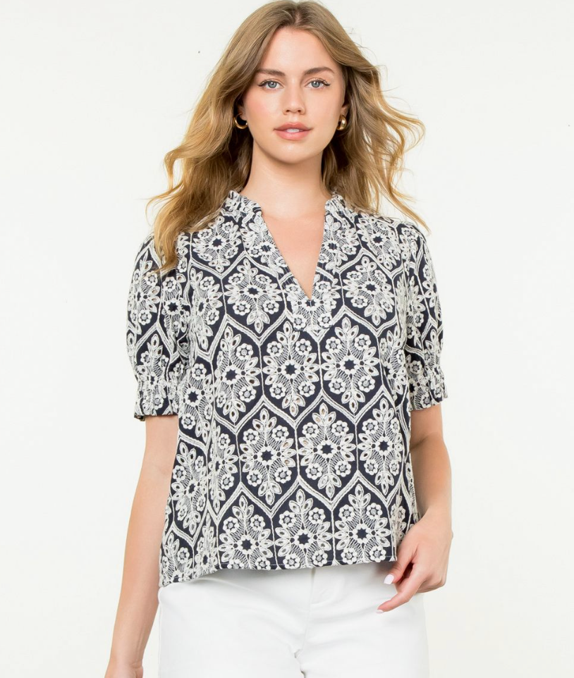 Eyelet Detail Top-Navy