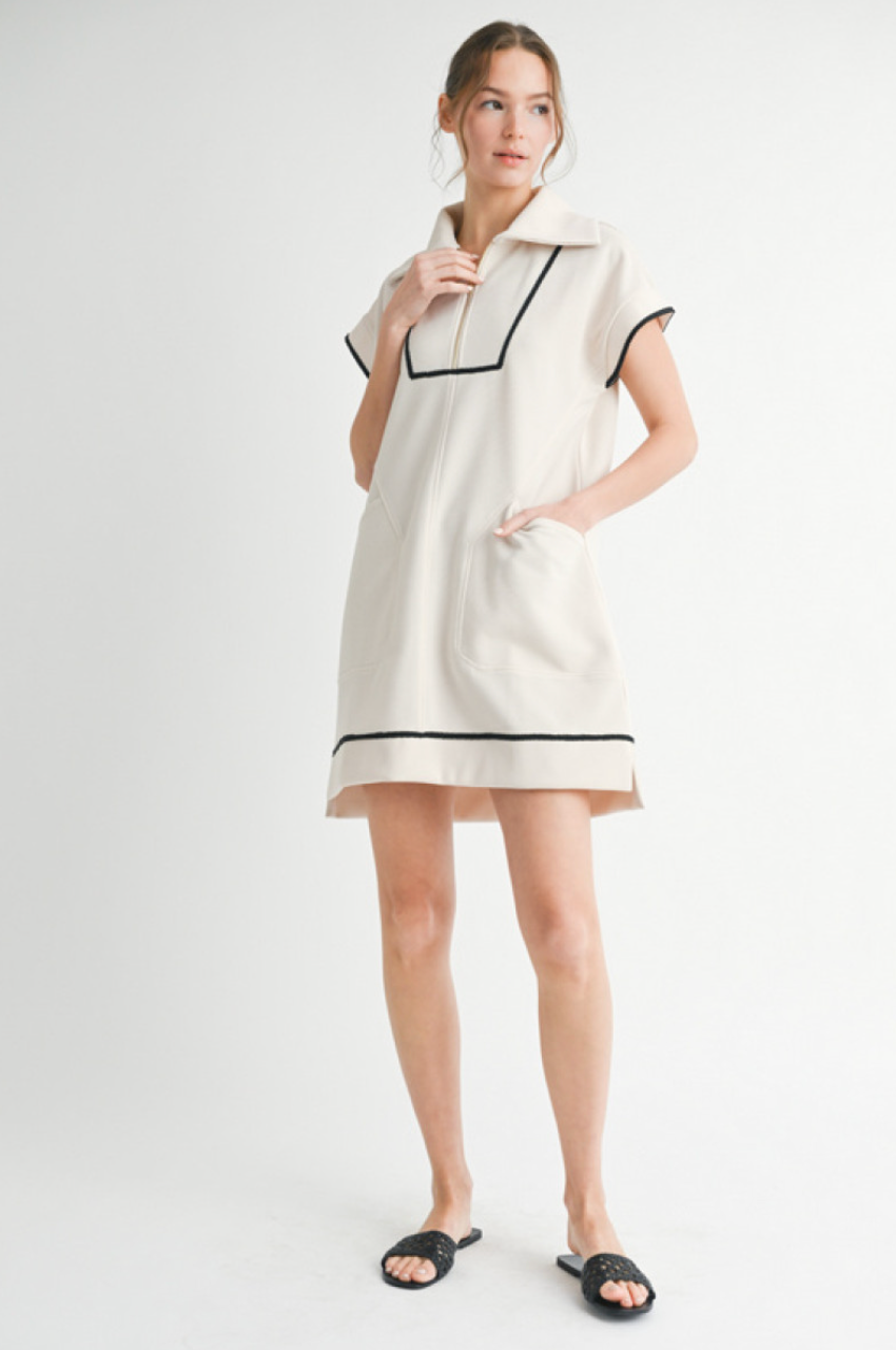 Textured Dress w/Piping-Ivory/Black