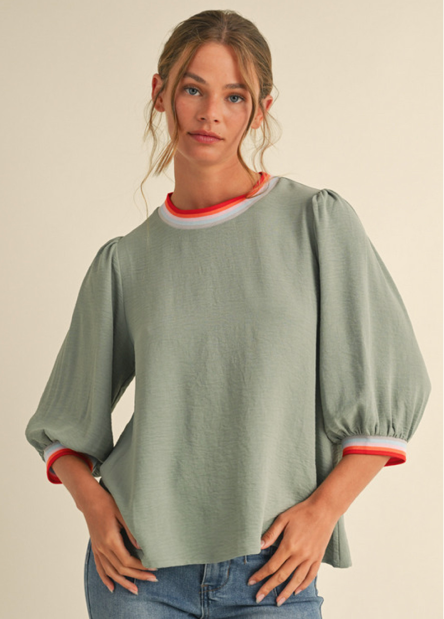 Striped Collar/Sleeve Top-Sage