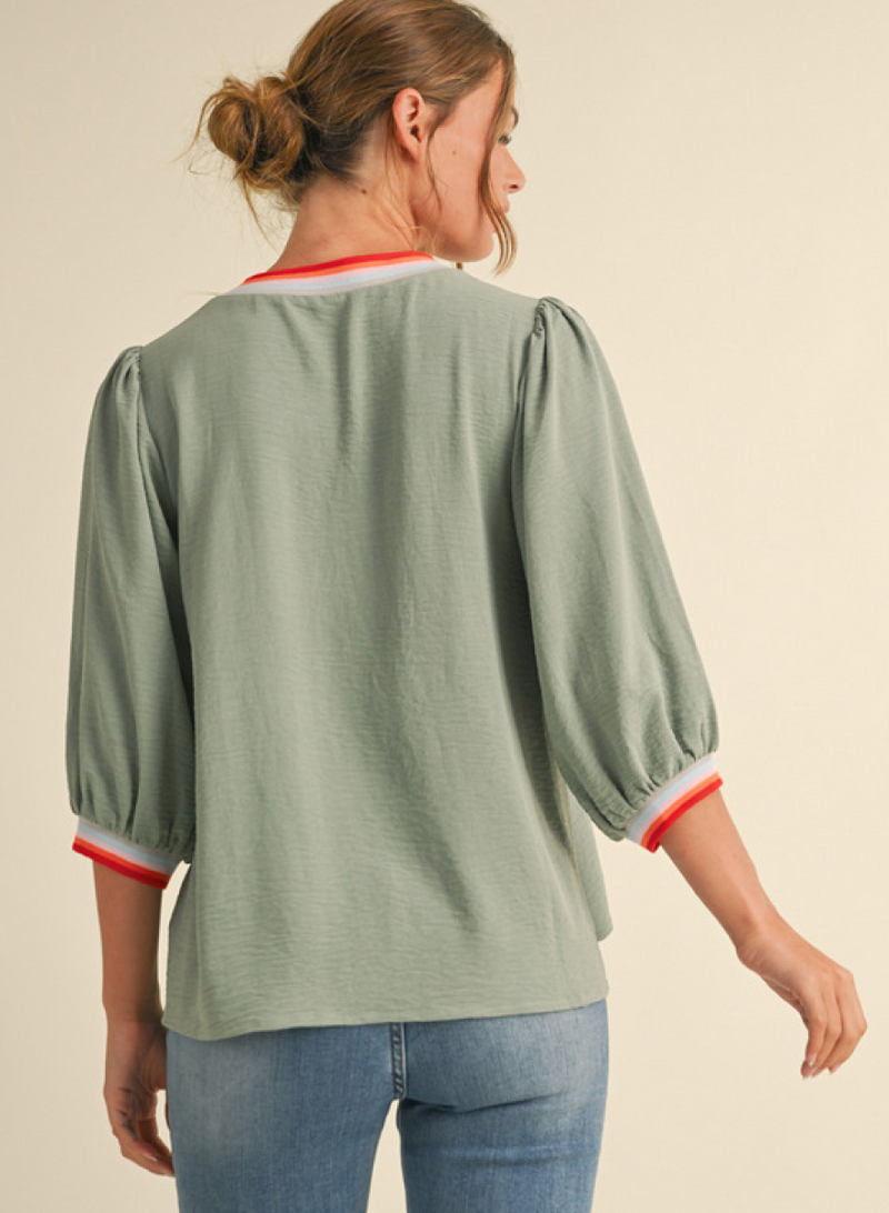 Striped Collar/Sleeve Top-Sage