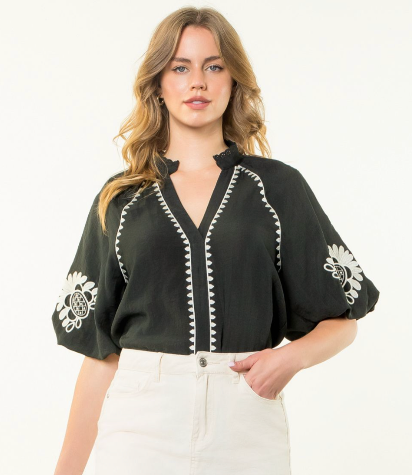 Embroidered Puff Sleeve Top