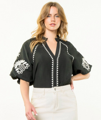 Embroidered Puff Sleeve Top