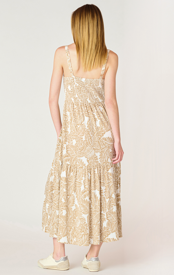 Leaf Print Smocked Midi Dress