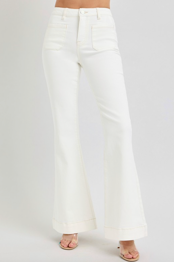 Patch Pocket Flare Jeans-Cream