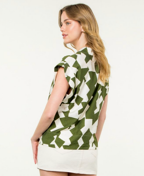 Printed Geo Blouse-Olive