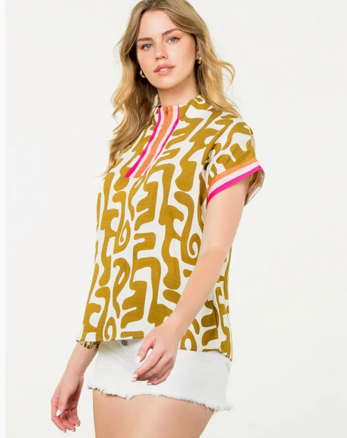 Quarter Zip Printed Blouse