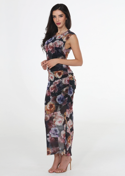 Floral Fitted Mesh Maxi Dress