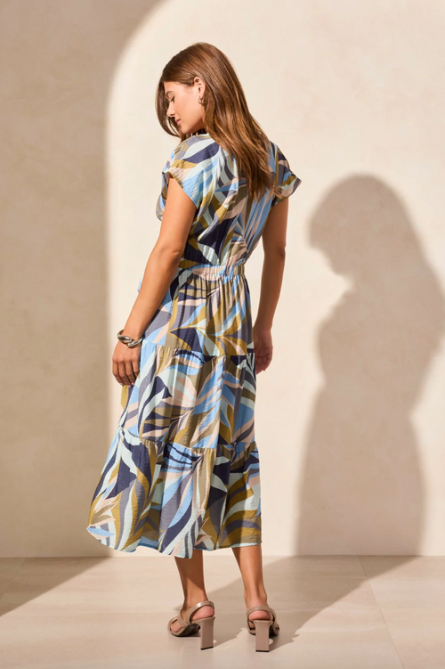 Tiered Leaf Pattern Vneck Midi Dress