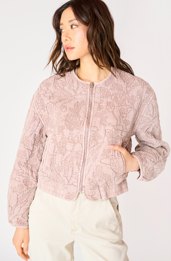 Floral Quilted Bomber Jacket-Rose