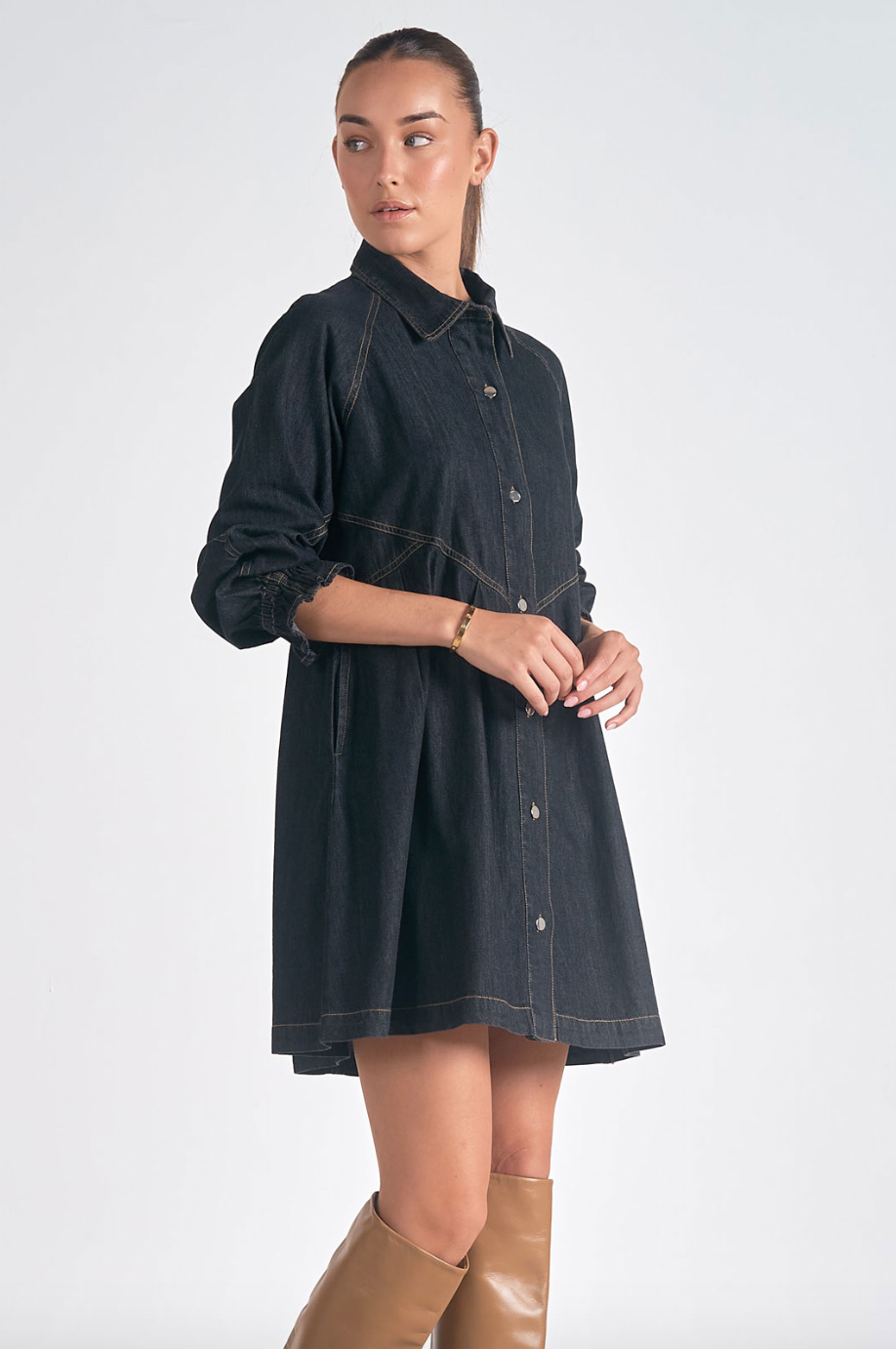 ELN Babydoll LS Dress-Dark Denim