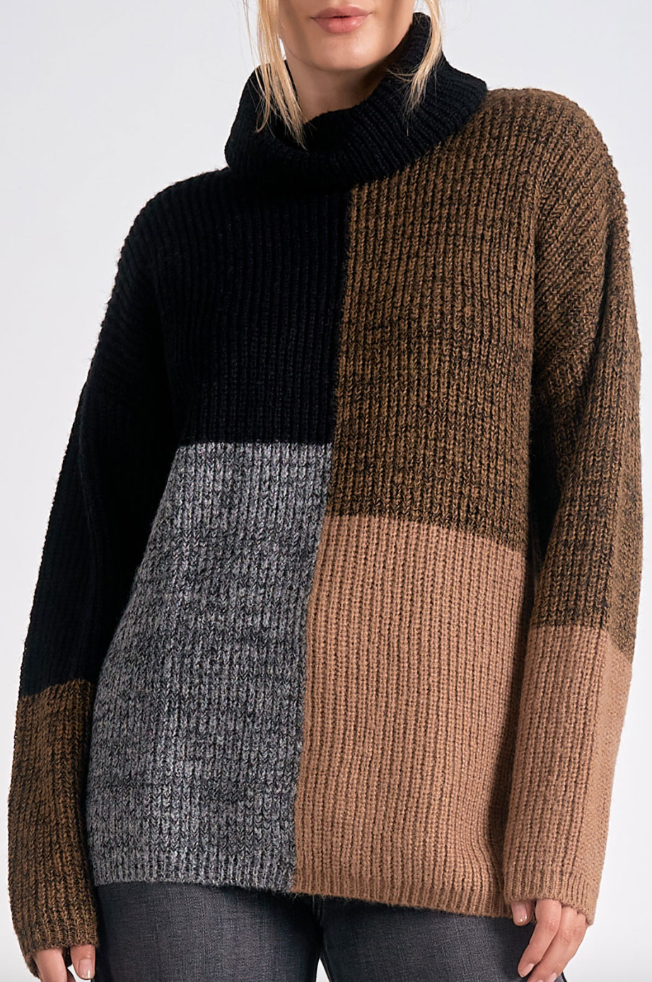 ELN Colorblock Turtleneck Sweater