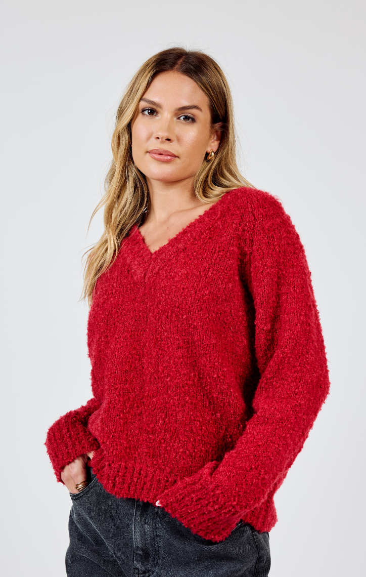 S&S Boucle Vneck Sweater-Red