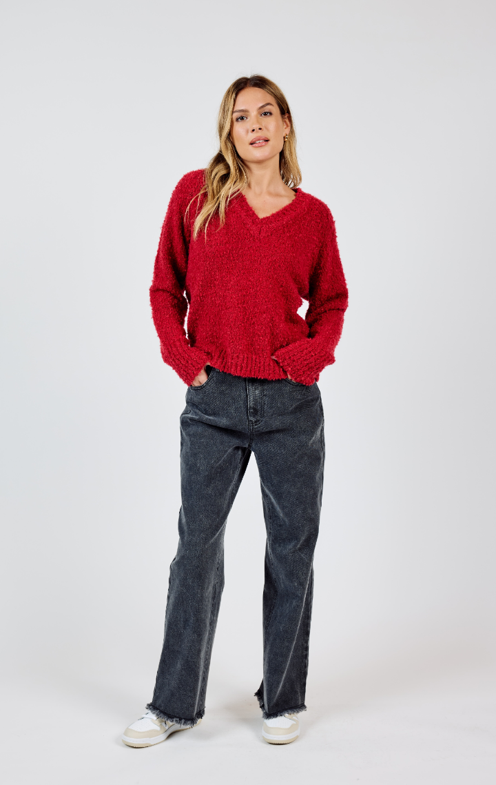 S&S Boucle Vneck Sweater-Red