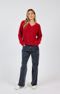 S&S Boucle Vneck Sweater-Red