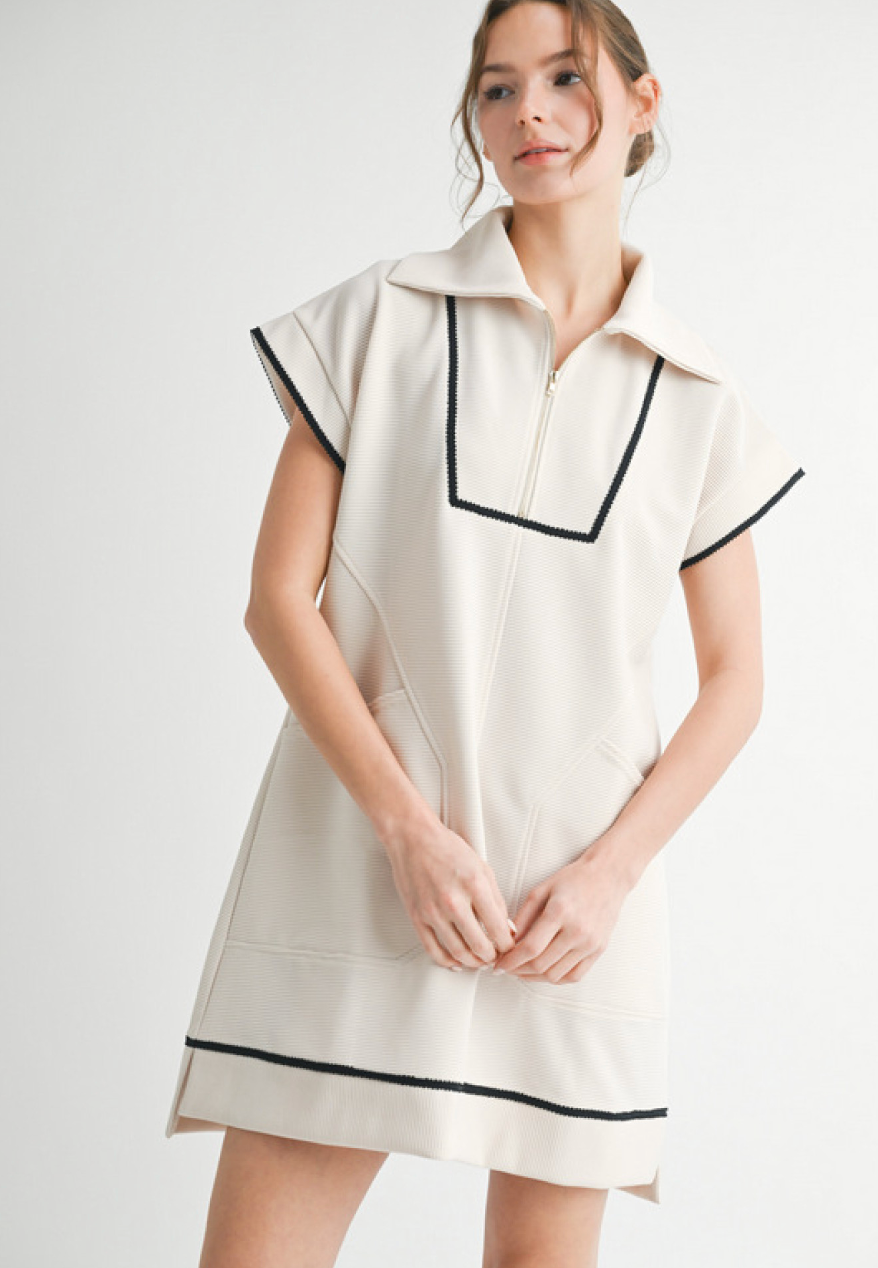 Textured Dress w/Piping-Ivory/Black