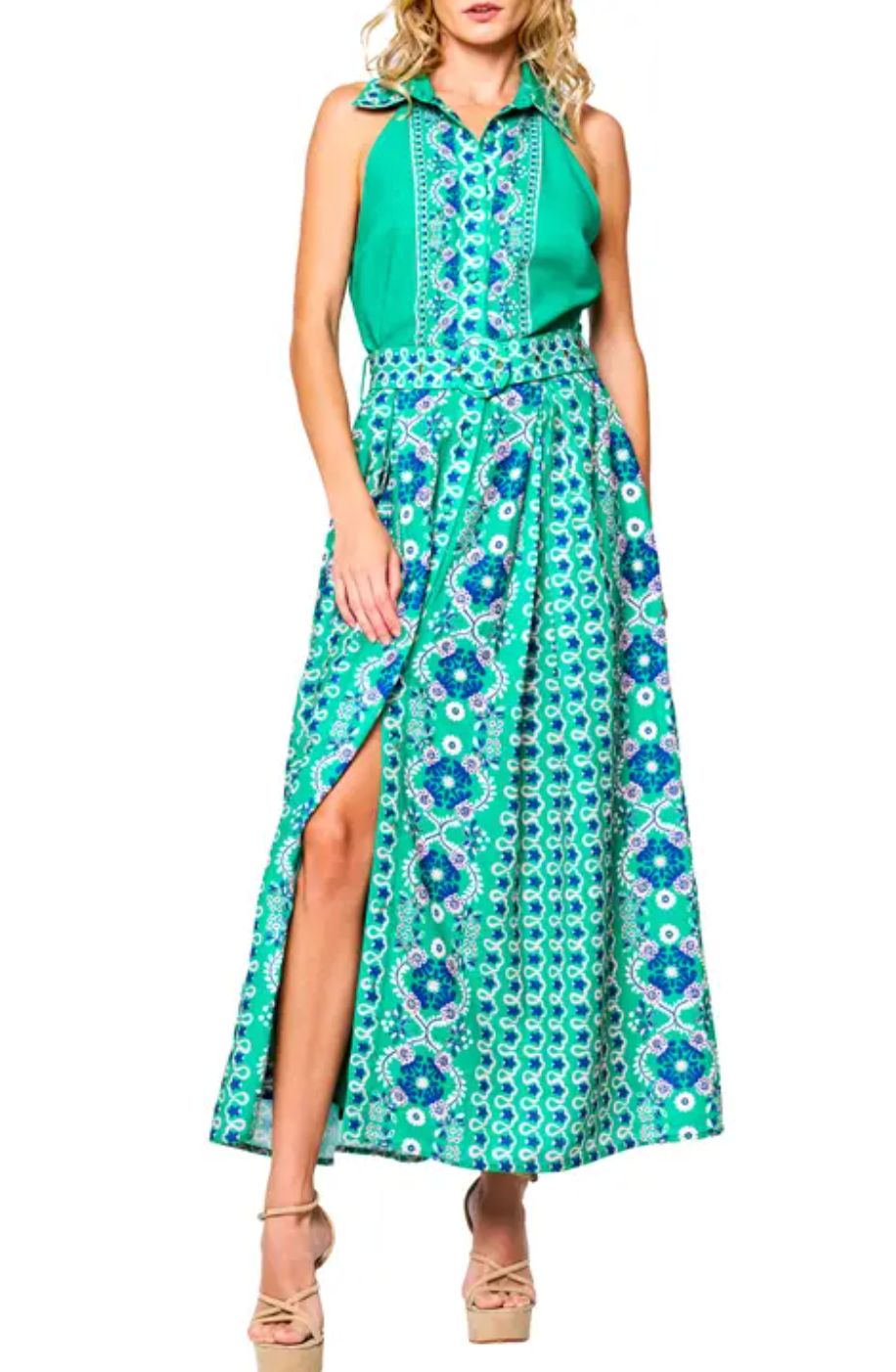 Ciebon Collared Halter Maxi Dress-Green