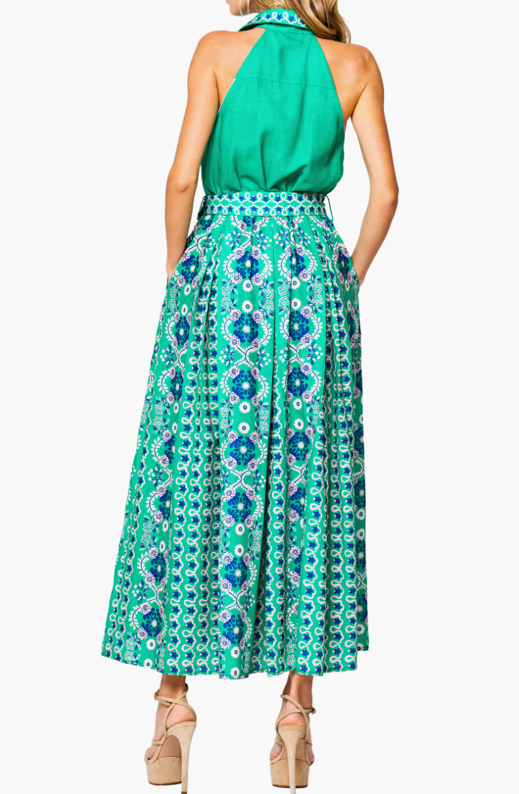 Ciebon Collared Halter Maxi Dress-Green