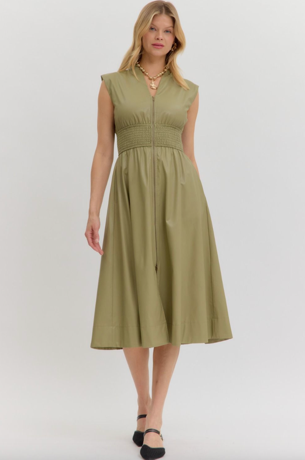 Faux Leather Zip front Dress-Sage
