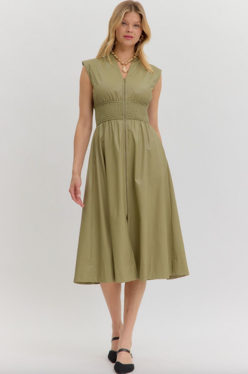 Faux Leather Zip front Dress-Sage