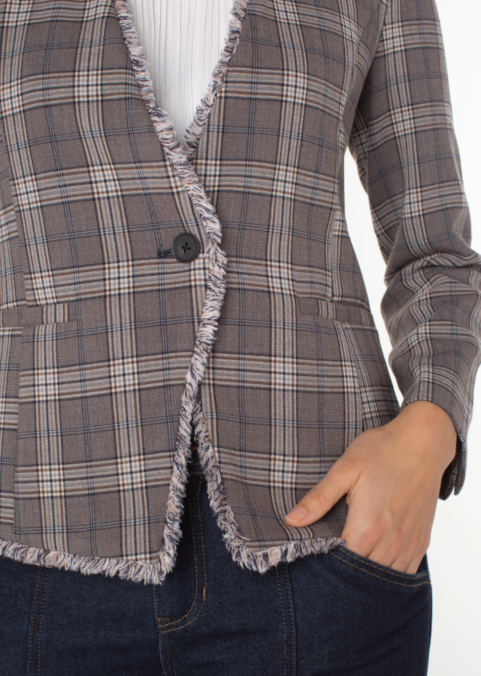 Liverpool Collarless Plaid Blazer W/ Fray