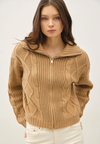 Cable Knit Zip up Sweater-Camel