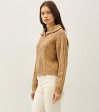 Cable Knit Zip up Sweater-Camel