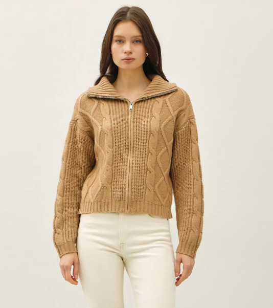 Cable Knit Zip up Sweater-Camel