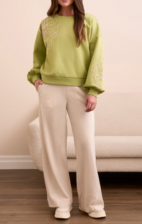 Tribal Crew Neck Top w/Embroidery -Wasabi