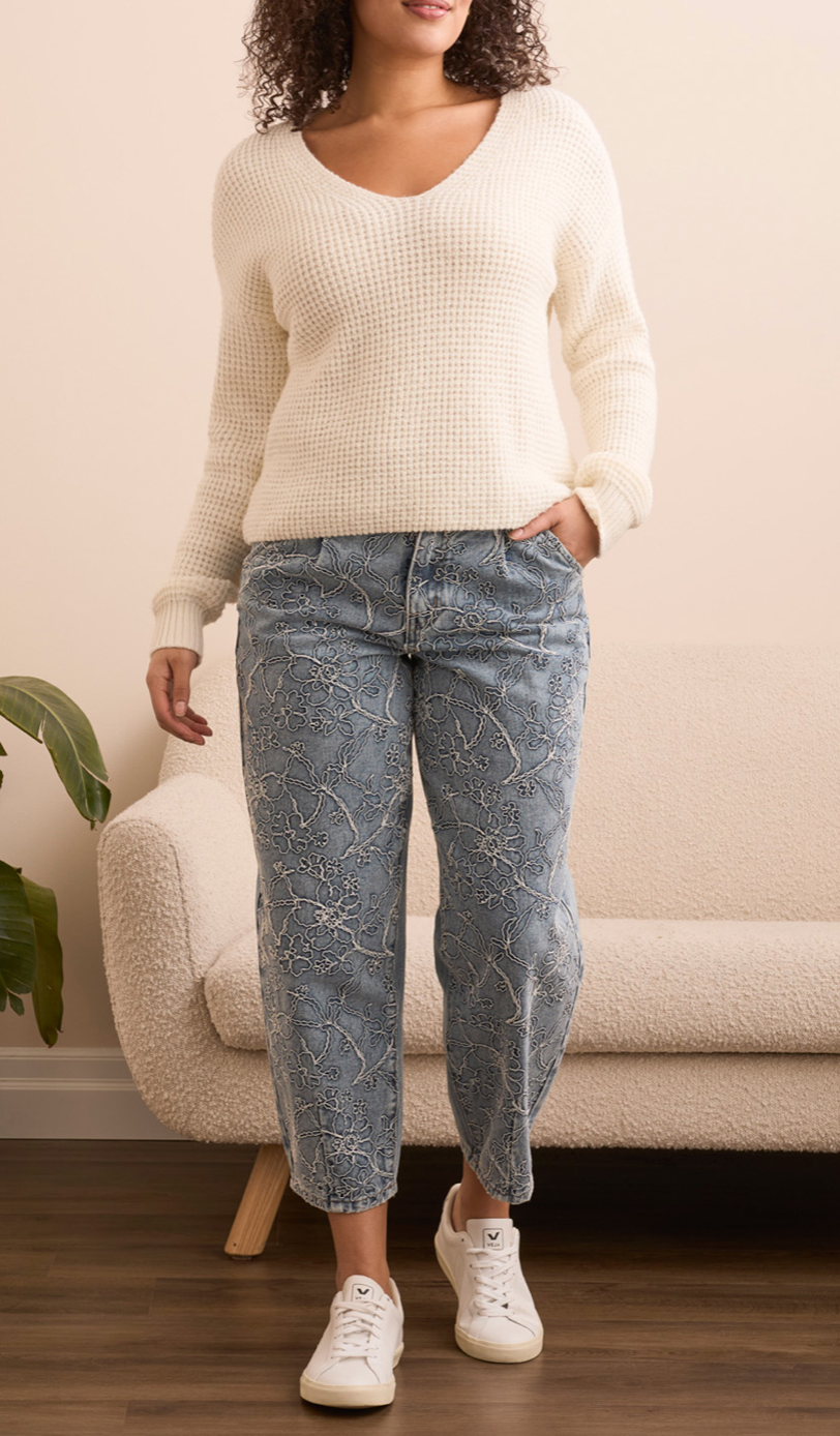 Tribal Drop Shoulder V-Neck Sweater Cream