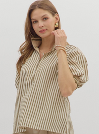 Striped Half Zip Blouse-Olive
